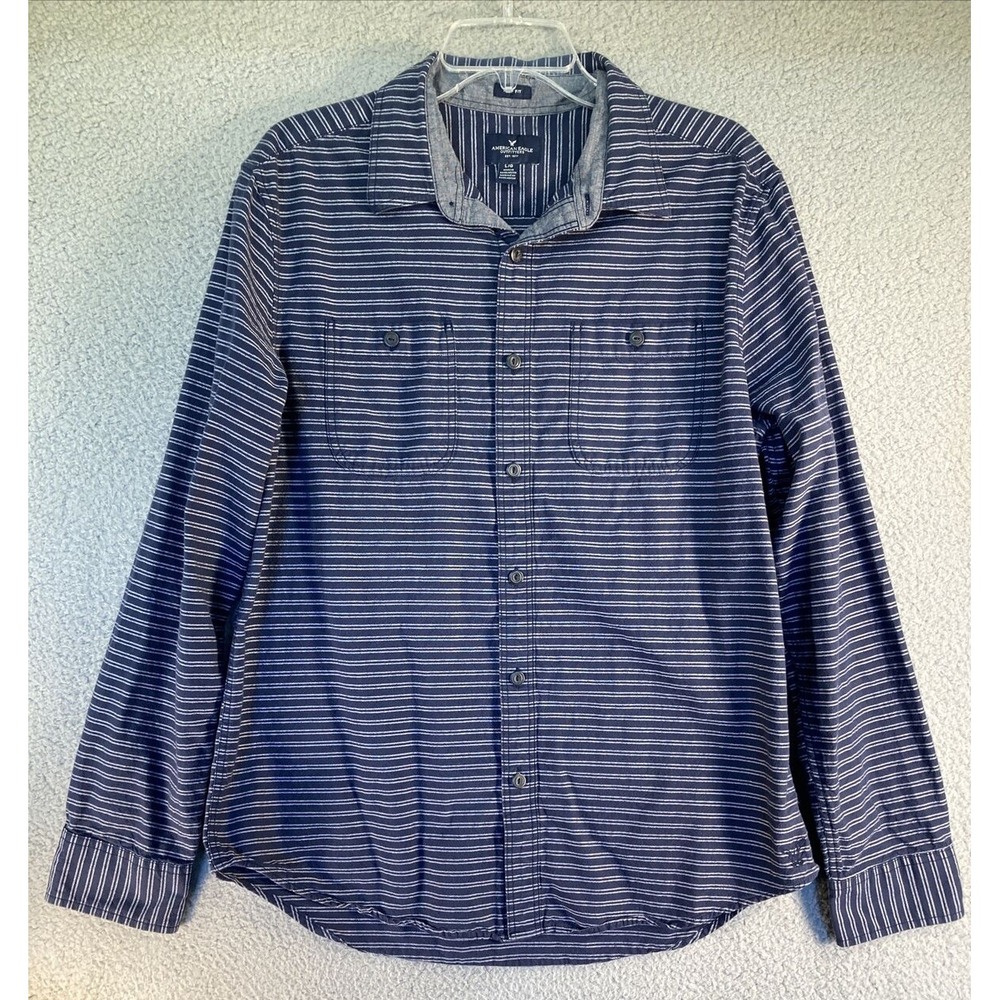 American Eagle Button Down Mens Large‎ Blue Striped Prep Fit Long Sleeve Shirt